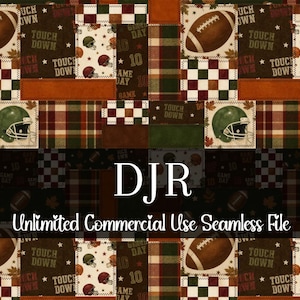 May include: A patchwork design featuring footballs, helmets, and the words "Touch Down" and "Game Day." The pattern includes squares of brown, green, and orange, with a checkered pattern and the text "Unlimited Commercial Use Seamless File."