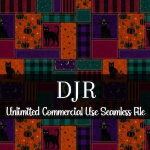 May include: A Halloween-themed seamless pattern featuring patchwork squares with black cats, pumpkins, and witch hats. The design includes orange, purple, green, and black colors. The text "DJR Unlimited Commercial Use Seamless File" is displayed.