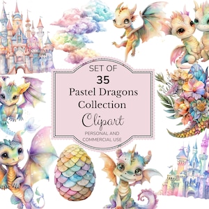 Watercolor Pastel Rainbow Dragon Clipart | Baby Dragon Clipart | Watercolor Fantasy Clipart | Fairytale Castle Clipart | Fairy Tale Clipart
