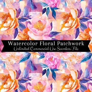 Könnte beinhalten: Ein nahtloses digitales Papiermuster mit Aquarellblumen in Rosa-, Orange- und Lilatönen. Die Blumen sind in einem Patchwork-Design auf einem Hintergrund aus abstrakten Aquarell-Waschungen angeordnet.