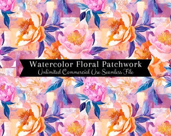 Seamless Spring Floral Patchwork Pattern | Watercolor Colorblock Pattern | Spring Seamless File | Repeating Pattern PNG | Commercial Use PNG