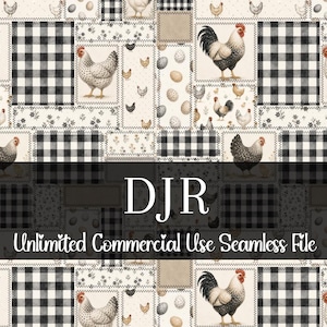 May include: A seamless pattern featuring roosters, hens, eggs, and black and white checkered squares. The design includes the text "DJR Unlimited Commercial Use Seamless File". The color palette is neutral with cream, black, and brown tones.