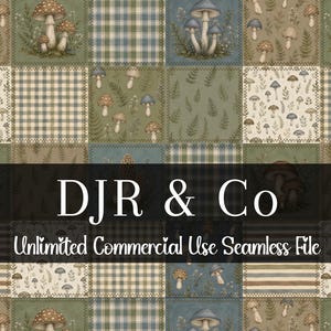 Puede incluir: Un patrón de tela digital que presenta un mosaico de cuadrados con ilustraciones de hongos, hojas de helecho, cuadros y rayas en tonos verde, azul y crema apagados. El texto DJR & Co Unlimited Commercial Use Seamless File está centrado.