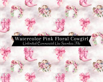 Watercolor Pink Floral Bow Cowgirl Boot Seamless | Girl Western Seamless Pattern | Commercial Use Pattern | Country Repeating Pattern