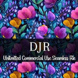 Puede incluir: Patrón floral sin costuras con flores de acuarela en tonos morado, rosa y amarillo sobre un fondo azul oscuro. El diseño incluye hojas, gotas de agua y el texto "DJR Unlimited Commercial Use Seamless File."
