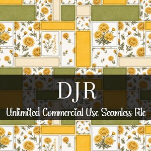 May include: A seamless pattern featuring a patchwork design with yellow chrysanthemums on a cream background. Rectangular and square blocks in yellow and green are stitched together. The text "DJR" and "Unlimited Commercial Use Seamless File" are displayed.