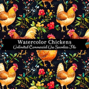 Seamless Spring Chicken Floral Pattern | Watercolor Chicken Seamless | Rooster Backgrounds | Spring Repeating Pattern PNG | Commercial Use