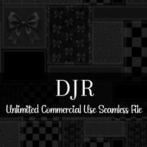 May include: Black and gray seamless pattern design with bow accents and a checkered pattern. The text "DJR" is displayed in a bold font, with the words "Unlimited Commercial Use Seamless File" below.