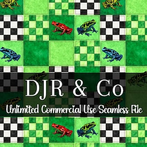 May include: A seamless pattern featuring colorful frogs on a patchwork background. The design includes frogs in red, blue, and yellow, set against a backdrop of green squares, black and white checkered squares, and the text "DJR & Co".