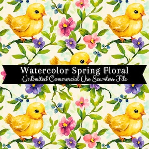 Motif floral d'oiseau printanier sans couture | Birdie à l'aquarelle | Milieux de mésange printanière | Motif printanier répétitif PNG | PNG à usage commercial