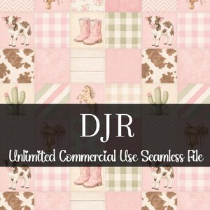 Watercolor Patchwork Cowgirl Seamless | Girl Pink Western Pattern | Commercial Use | Cow Print | Western Patchwork | Horse Seamless