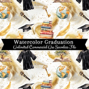 May include: Watercolour seamless pattern featuring a graduation cap, gown, books, globe, key, feather, and gold glitter. The text "Watercolor Graduation Unlimited Commercial Use Seamless File" is displayed on a black banner.