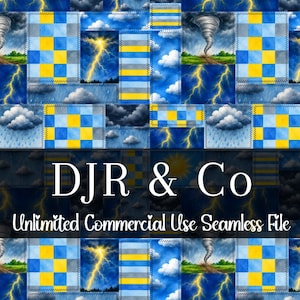 May include: A seamless digital pattern featuring a patchwork design of weather-themed squares including tornadoes, lightning bolts, rain clouds, and yellow, blue, and gray checkered blocks. The text DJR & Co Unlimited Commercial Use Seamless File is centered.