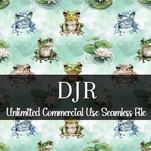 Può includere: Motivo ripetuto con illustrazioni ad acquerello di rane, ninfee e fiori di loto. Le rane sono di vari colori. Lo sfondo è verde acqua chiaro. Il testo recita "DJR Unlimited Commercial Use Seamless File".