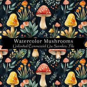 Impression transparente de champignons aquarelle | Modèle sans couture de noyau de chalet | Modèle d'utilisation commerciale | Impression répétée | Aquarelle champignon vénéneux PNG