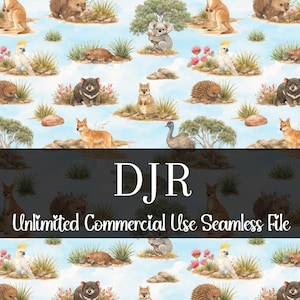 May include: Seamless pattern featuring Australian animals like kangaroos, koalas, and emus, set against a light blue sky with clouds and vegetation. The text "DJR Unlimited Commercial Use Seamless File" is displayed at the bottom.