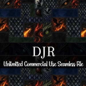 Könnte beinhalten: Nahtlose digitale Datei mit einem Patchwork-Design. Es zeigt Drachenaugen, Feuer und Schuppen in Schwarz, Grün, Orange und Blau. Der Text "DJR" und "Unlimited Commercial Use Seamless File" sind ebenfalls vorhanden.