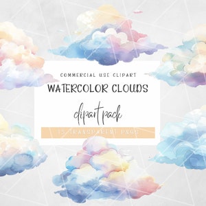 Clipart de nuvens em aquarela. Clipart de ilustração do tempo, uso comercial, chá de bebê, clipart de berçário, arco-íris e céu, download instantâneo