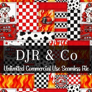 May include: A seamless digital pattern featuring a patchwork design of dalmatian puppies in firefighter helmets, red fire trucks, black and white checkered squares, cow print, and orange flames. The text DJR & Co Unlimited Commercial Use Seamless File is overlaid.