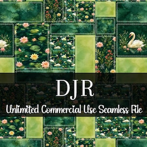 May include: Seamless digital file with a patchwork design featuring swans, lily pads, and flowers in a pond. The color palette includes shades of green, pink, and white. The text "DJR Unlimited Commercial Use Seamless File" is displayed.