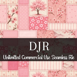 Puede incluir: Un archivo digital sin costuras con un diseño de patchwork. El patrón presenta motivos florales rosas y de flores de cerezo, con cuadrados de lunares, rayas y motivos florales. El texto "DJR Unlimited Commercial Use Seamless File" es visible.