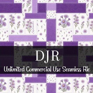 May include: Seamless digital file with a patchwork design. The pattern features purple and white floral elements, including daisies and the word "September." The text "DJR Unlimited Commercial Use Seamless File" is also present.