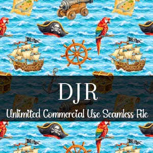 Könnte beinhalten: Nahtloses Muster mit Piratenmotiven. Es zeigt Papageien, Piratenhüte mit Totenkopf, Schatzkisten, Schiffe, Kanonen, Anker und Schatzkarten, alles vor einem blauen Ozeanhintergrund. Der Text lautet "DJR Unlimited Commercial Use Seamless File".