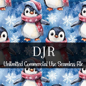 Bufanda y gorro de pingüino invernal con estampado sin costuras / Patrón repetitivo de copos de nieve invernales / Patrón para uso comercial / Diseño sin costuras de pingüino navideño