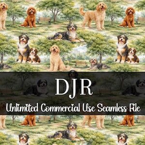 Puede incluir: Un patrón sin costuras con varias razas de perros en un entorno de parque. Los perros se representan en diferentes poses y colores, con bancos y árboles en el fondo. Se muestra el texto "DJR Unlimited Commercial Use Seamless File".