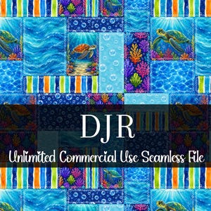 Könnte beinhalten: Ein nahtloses digitales Datei-Design mit einem Unterwassermotiv. Das Design zeigt Meeresschildkröten, Korallen und Wassermuster in Blau-, Grün- und Lilatönen. Der Text "DJR Unlimited Commercial Use Seamless File" ist zu sehen.