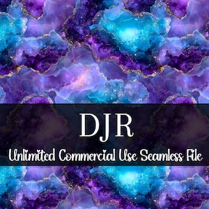 May include: Seamless digital file with a vibrant abstract design. The pattern features swirling shades of blue, purple, and gold, resembling a geode or galaxy. The text "DJR Unlimited Commercial Use Seamless File" is displayed.