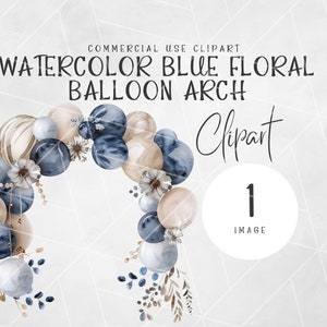 Clipart de arco de balão floral azul aquarela | Clipart de festa de aniversário | Balão Clipart PNG | Clipart de chá de panela | Chuveiro bebê Clipart