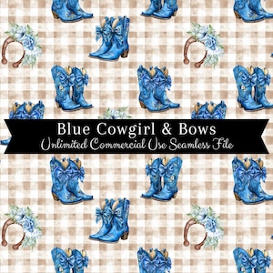 Watercolor Coquette Bow Cowgirl Boot Seamless | Western Seamless Pattern | Commercial Use Pattern | Plaid Blue Horseshoe Repeating Print