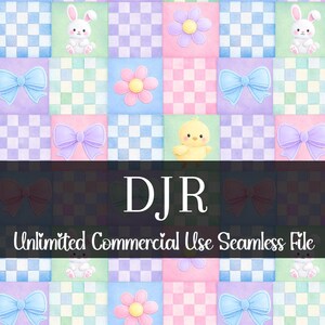 Estampado de patchwork de Pascua en acuarela sin costuras / Patrón de conejito / Patrón para uso comercial / Patrón repetitivo de pollito / Estampado de lazo coqueto