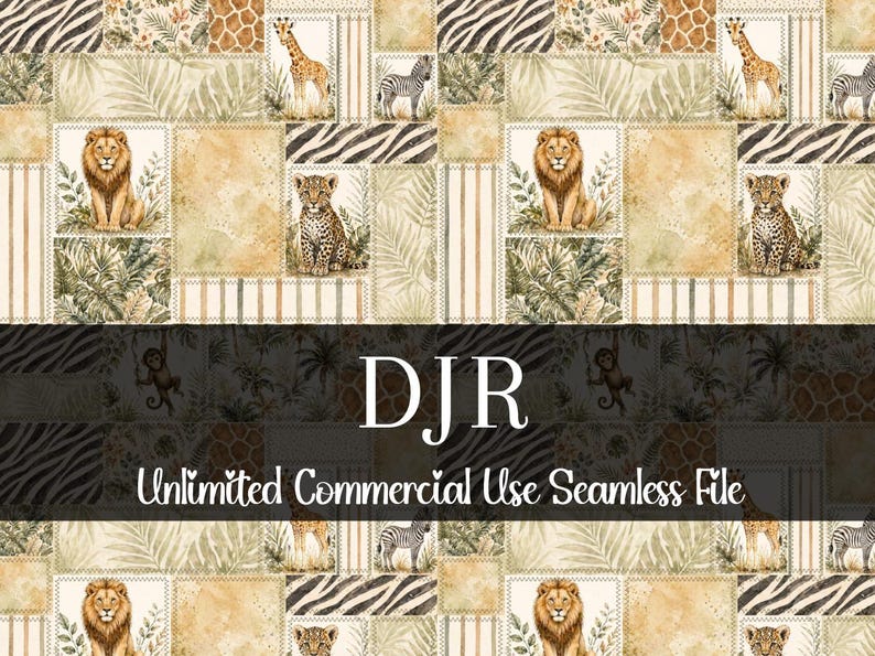 May include: A seamless pattern featuring a patchwork design with safari animals like lions, giraffes, zebras, and leopards. The design includes the text "DJR Unlimited Commercial Use Seamless File". The color palette includes beige, brown, and green.