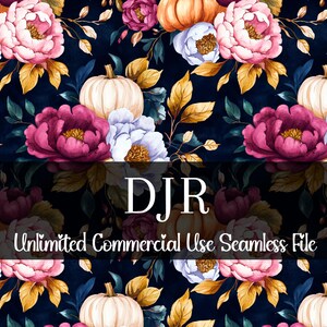 May include: A seamless pattern featuring watercolor illustrations of pumpkins, peonies, and leaves on a dark blue background. The pattern is perfect for fall-themed projects.
