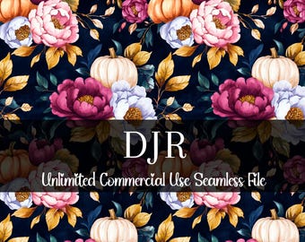 Aquarell Herbst Rosa Blumen Kürbisse Nahtlos Print | Kommerzielle Nutzung Rapportmuster | Herbst Moody Blumen Kürbisse Print | Digitales Papier