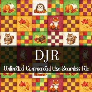 Puede incluir: Un patrón sin costuras colorido con ilustraciones de temática otoñal. El diseño incluye calabazas, erizos, zorros, ardillas y hojas de otoño. El texto "DJR Unlimited Commercial Use Seamless File" se muestra.