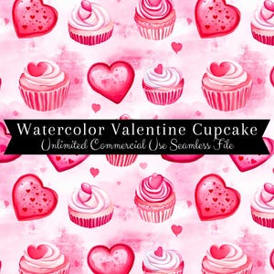 Impresión sin costuras de cupcake con forma de corazón de acuarela / Patrón sin costuras de pastel de corazón / Patrón para uso comercial / Impresión repetida / Pastel de corazón de acuarela PNG