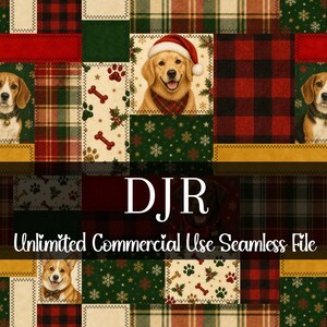Puede incluir: Un patrón sin costuras con ilustraciones de perros, incluyendo un Golden Retriever con gorro de Papá Noel y un Beagle. El diseño incorpora cuadros, huellas de patas y motivos de huesos en rojo, verde y crema. El texto "DJR Unlimited Commercial Use Seamless File" también está presente.