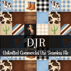 Watercolor Patchwork Cowboy Seamless | Boy Western Pattern | Commercial Use | Cow Print | Western Patchwork | Horse Seamless