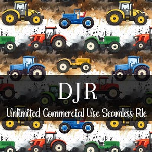 May include: A repeating pattern of colorful tractors in various colors, including yellow, blue, red, and green, against a watercolor-style background. The text "DJR" and "Unlimited Commercial Use Seamless File" are also present.