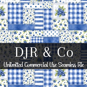 Watercolor Blueberry Patchwork Seamless Print | Gingham Seamless Pattern | Commercial Use Print | Fruit Repeating Print | Blueberries