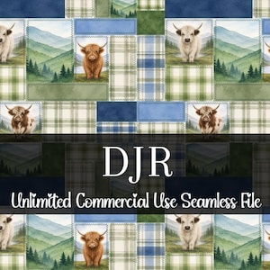 May include: A seamless pattern featuring watercolor illustrations of Highland cows, mountains, and plaid patches in shades of blue, green, and brown. The text "DJR Unlimited Commercial Use Seamless File" is displayed across the image.