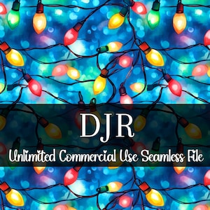 May include: Seamless digital file featuring a repeating pattern of colorful string lights against a blue background. The lights are in shades of red, yellow, green, and pink. The text "DJR" and "Unlimited Commercial Use Seamless File" are displayed.