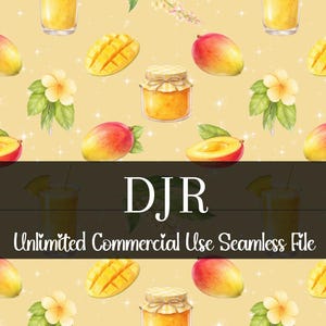 May include: Watercolor illustration of a seamless pattern featuring mangoes, mango slices, mango jam jars, flowers, and mango juice glasses on a light yellow background. The text "DJR Unlimited Commercial Use Seamless File" is displayed.