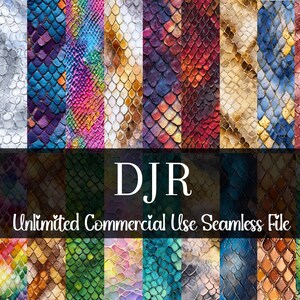Op de afbeelding: Een verzameling naadloze digitale patronen met slangenhuiddesigns in verschillende kleuren. De patronen omvatten roze, zilver, blauw, paars, regenboog, goud, rood, bruin en teal. De tekst "DJR Unlimited Commercial Use Seamless File" wordt weergegeven.