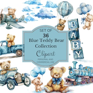 Aquarell Junge Teddy Bär Clipart | Baby Aquarell Clipart | Reise Teddy Clipart | Blaues Flugzeug Zug Clipart Pack | Flugzeug Clipart