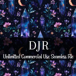 Puede incluir: Un patrón sin costuras con un fondo azul oscuro con cristales morados, azules y blancos, lunas crecientes y flores. El texto "DJR Unlimited Commercial Use Seamless File" está en la parte inferior de la imagen.