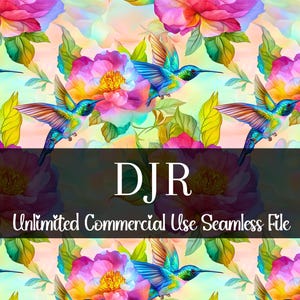 May include: A seamless pattern featuring vibrant pink and yellow flowers with green leaves and colourful hummingbirds. The background is a soft yellow with a watercolour effect. The text "DJR Unlimited Commercial Use Seamless File" is displayed at the bottom of the image.